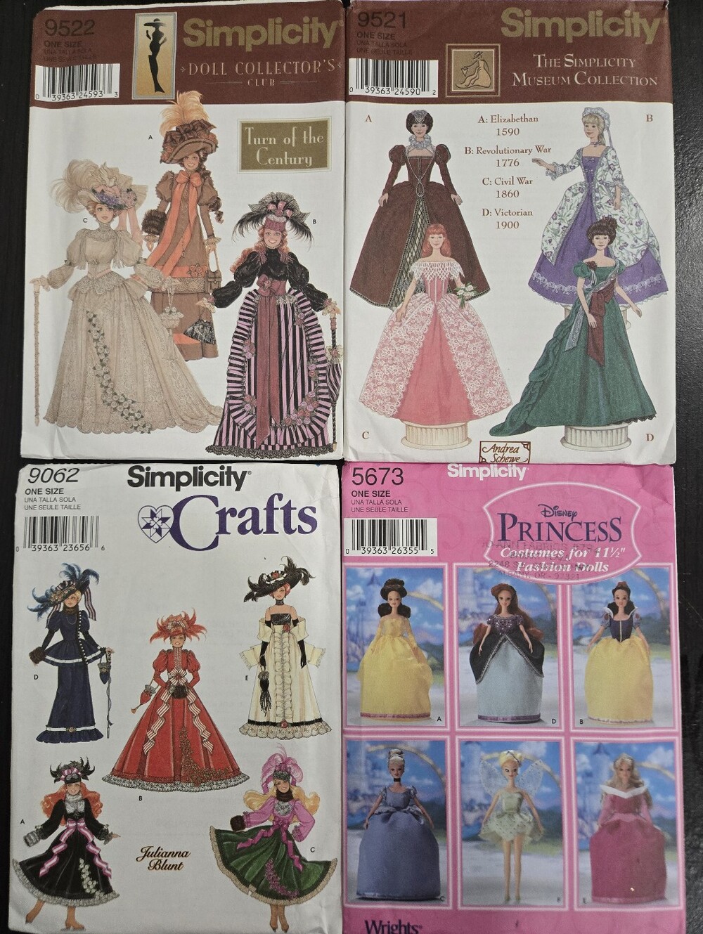 Simplicity Fashion Doll Historical And Disney Princess Costumes Pattern Lot Of 4